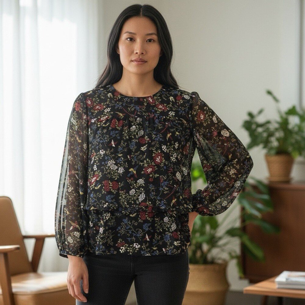 Madewell Sheer-Sleeve Ruffle Peplum Top Blouse Finch Moody Floral Black Small